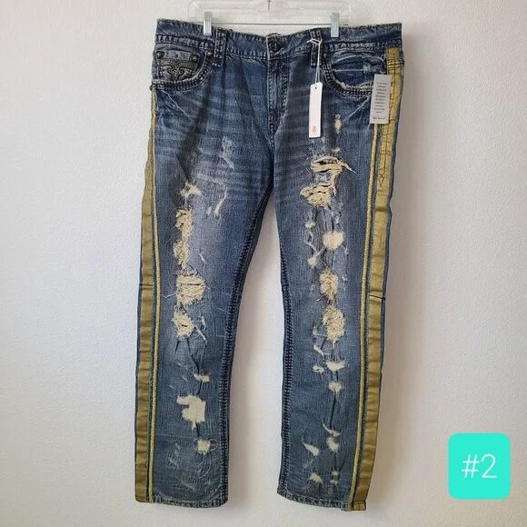 Rock Revival Reid Alt Straight Distressed Denim Jeans Size 42x34 Blue #2 - Picture 2 of 6